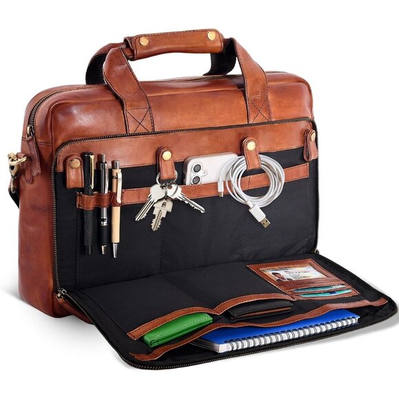 ⚡Men and Women Vintage Tan Oak Leathers Laptop Briefcase Messenger Bag - Picture 2 of 9
